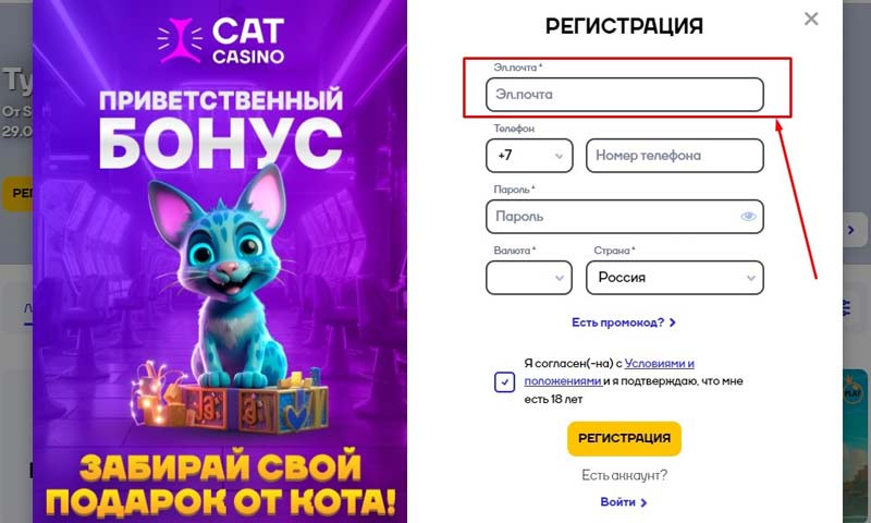 Регистрация в казино Кэт